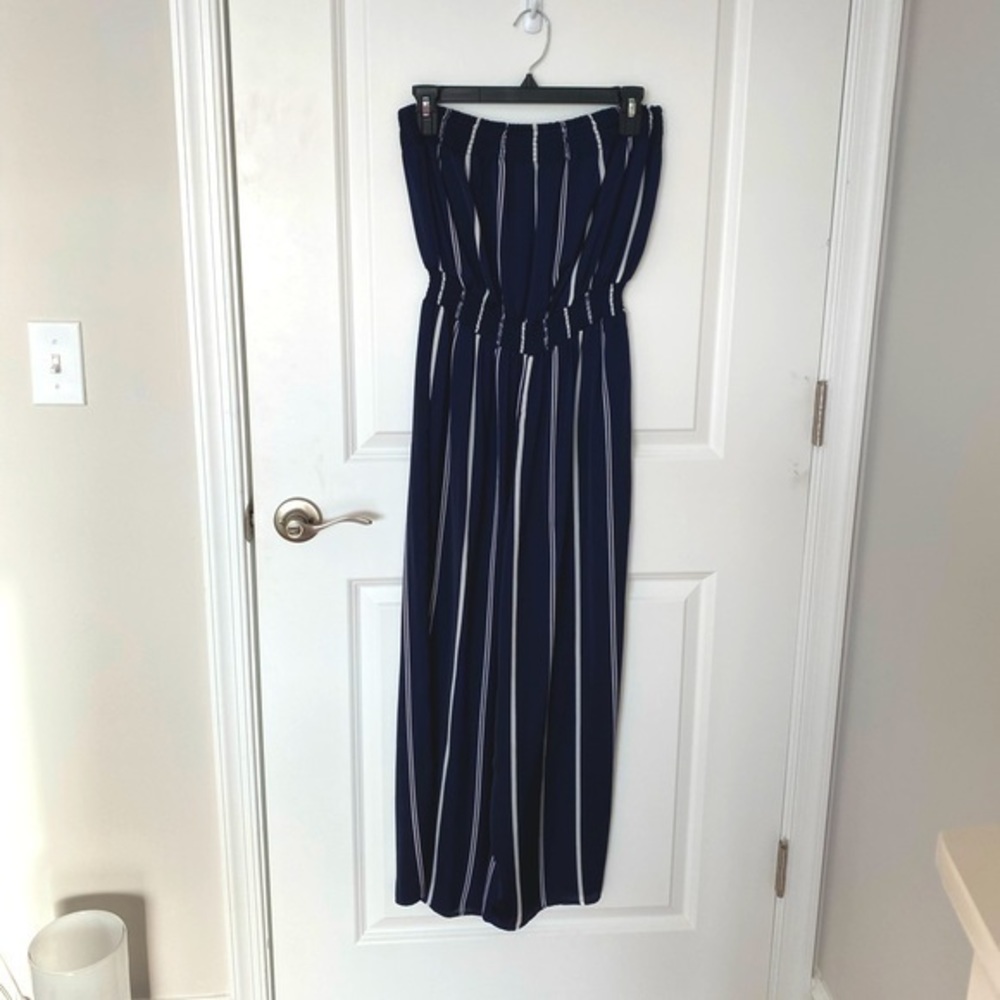 Forever 21 Navy Blue and White Striped Strapless Jumpsuit